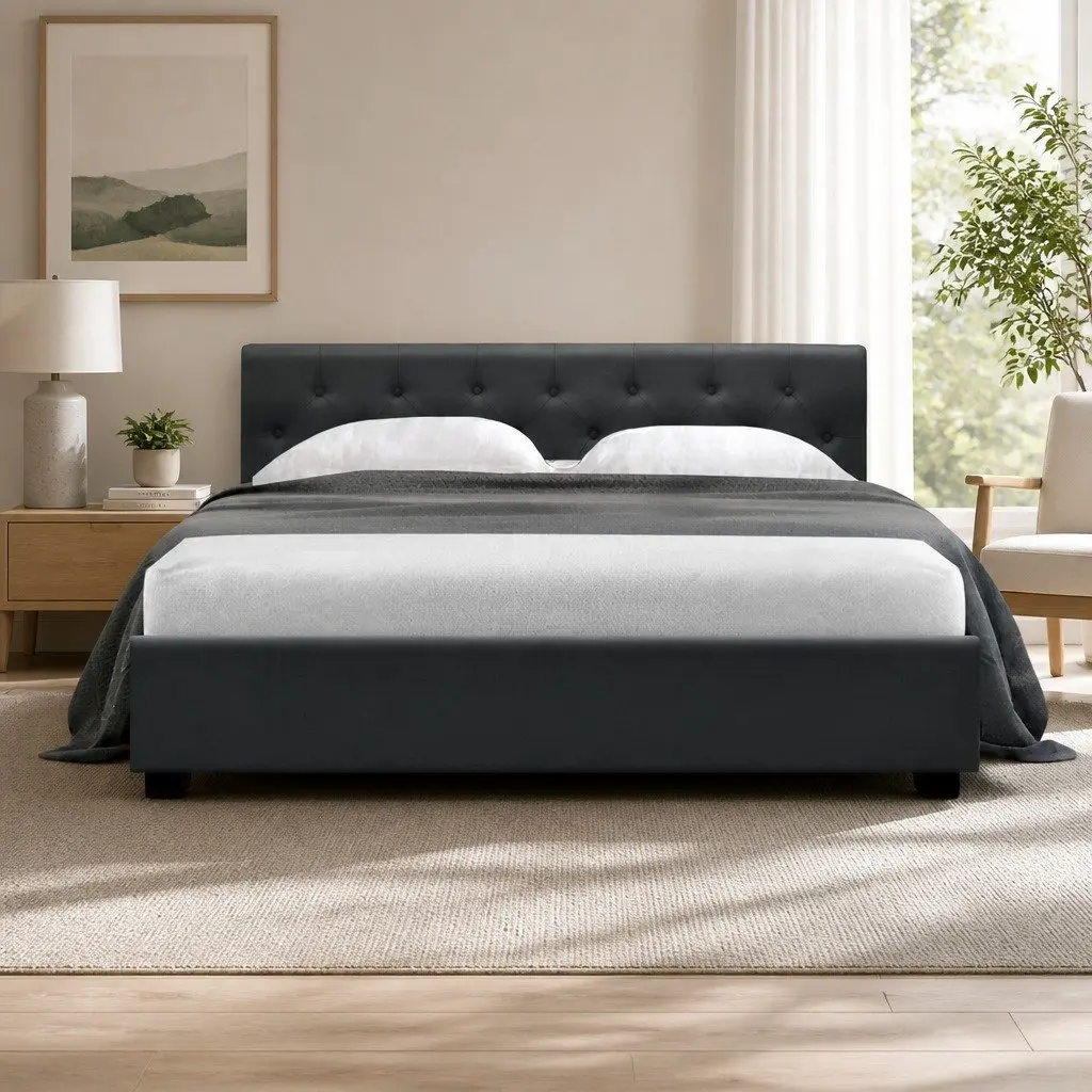 Queen Size Bed Frame Charcoal Gas Lift Storage Tufted Headboard Wooden Slat