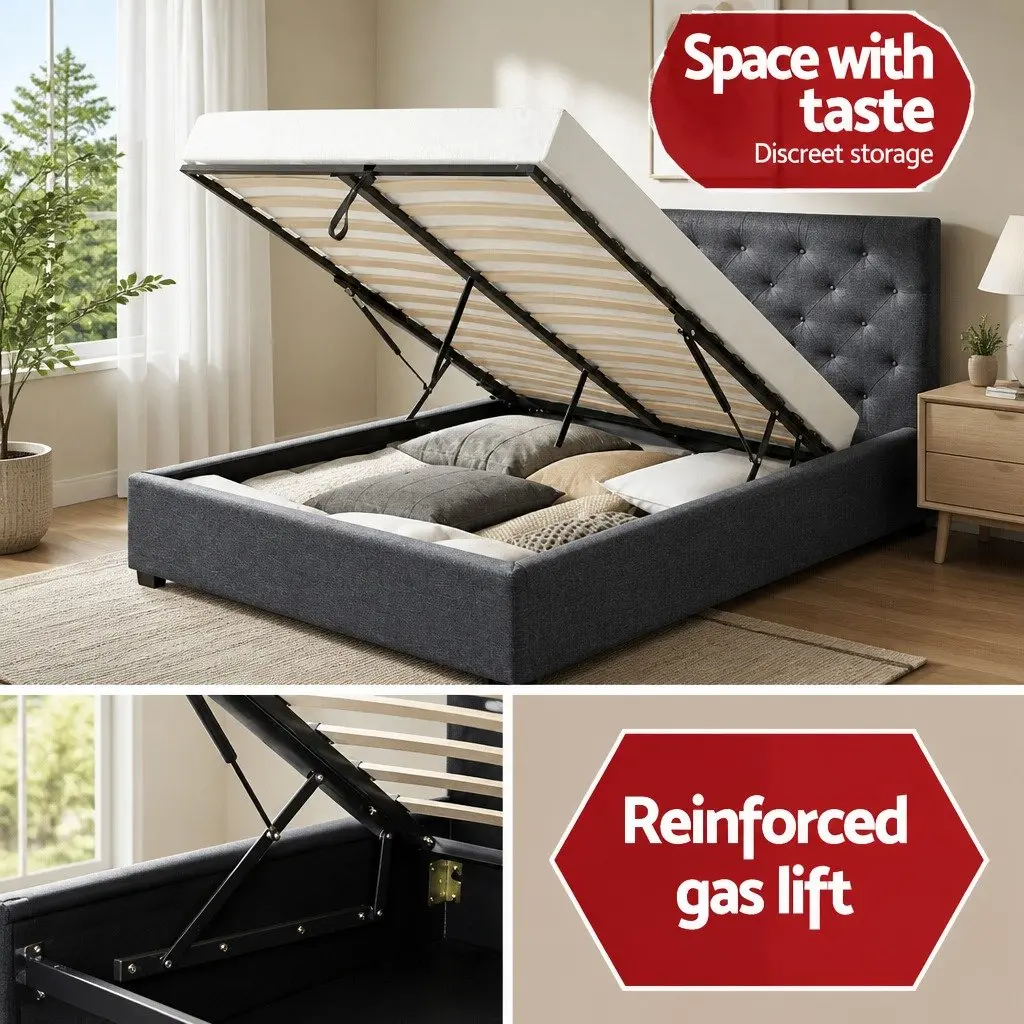 Queen Size Bed Frame Charcoal Gas Lift Storage Tufted Headboard Wooden Slat