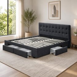 Double Bed Frame with 4 Storage Drawers Grey Upholstered Headboard Bedroom