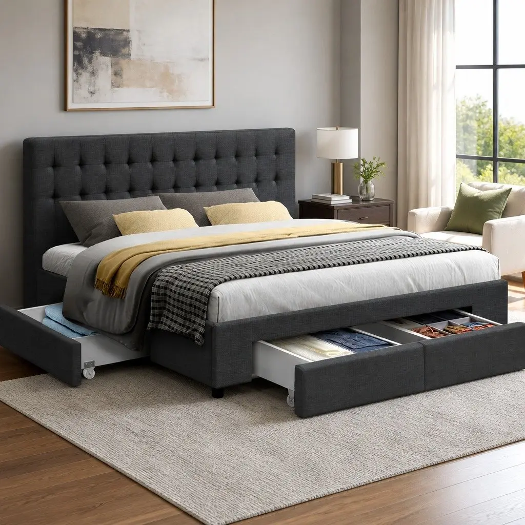 King Size Bed Frame Charcoal Grey Upholstered with 4 Storage Drawers