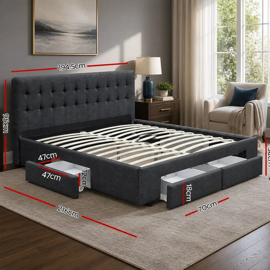 King Size Bed Frame Charcoal Grey Upholstered with 4 Storage Drawers