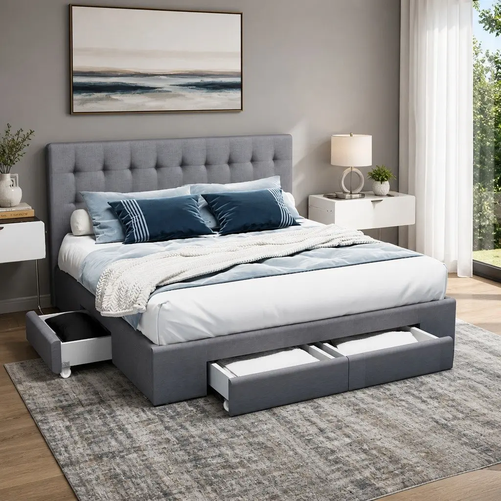 King Size Bed Frame Grey Upholstered with Tufted Headboard and 4 Storage Drawers