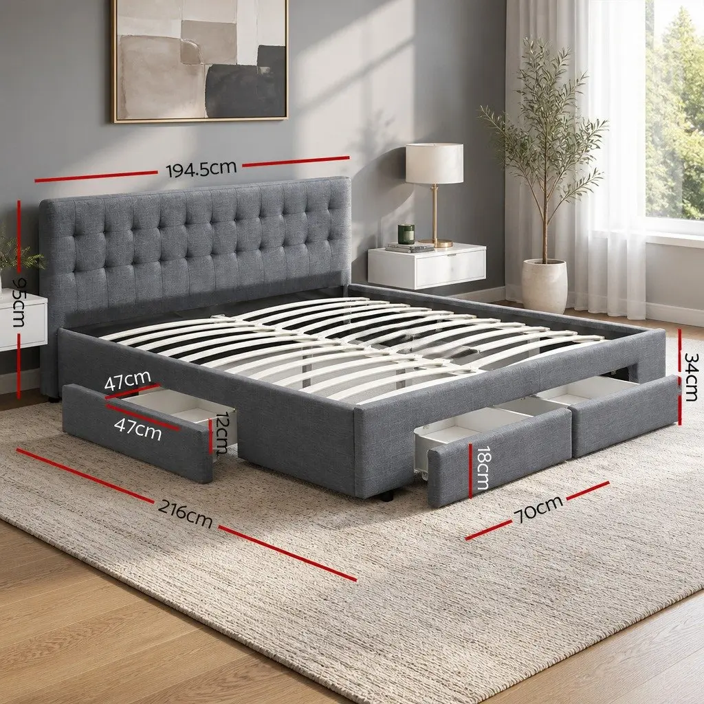King Size Bed Frame Grey Upholstered with Tufted Headboard and 4 Storage Drawers