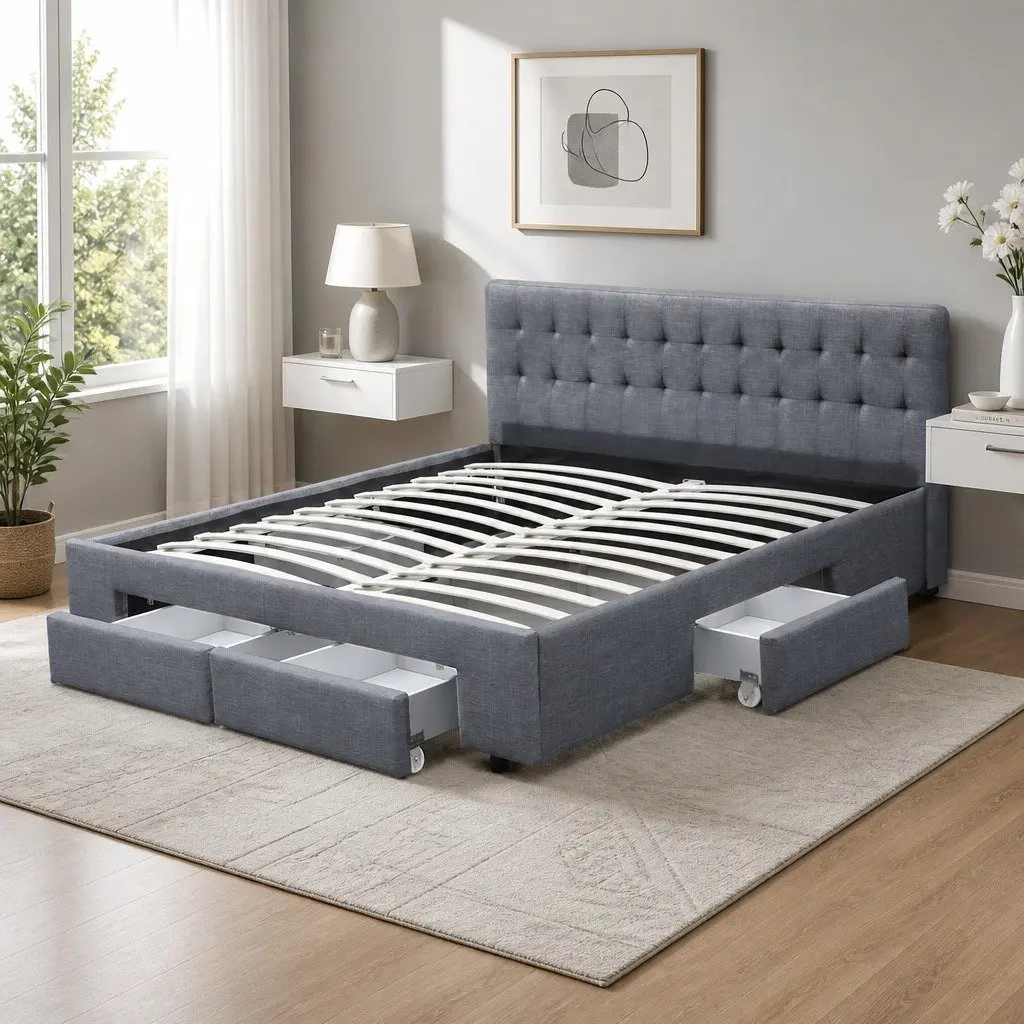 King Size Bed Frame Grey Upholstered with Tufted Headboard and 4 Storage Drawers