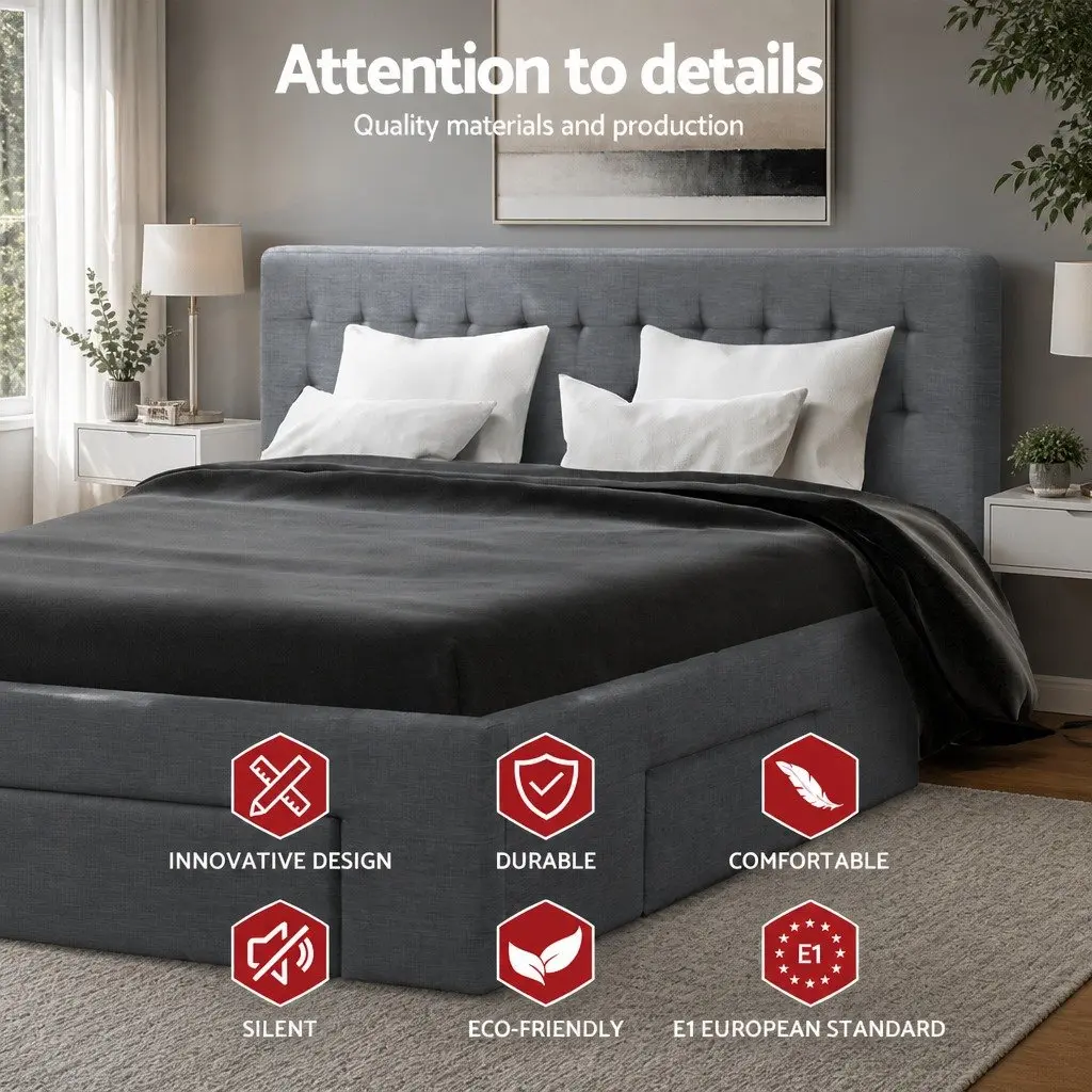 King Size Bed Frame Grey Upholstered with Tufted Headboard and 4 Storage Drawers
