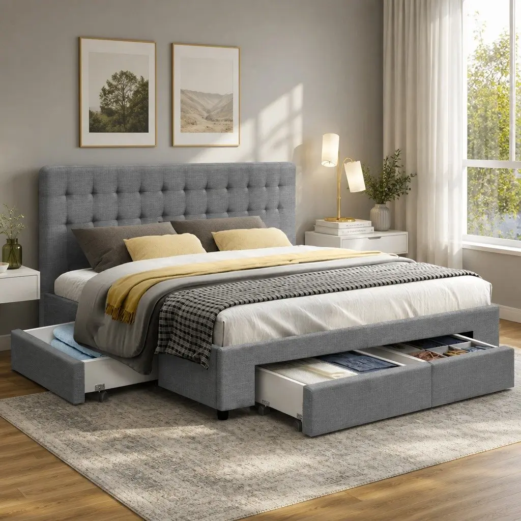 King Size Bed Frame Grey Upholstered with Tufted Headboard and 4 Storage Drawers