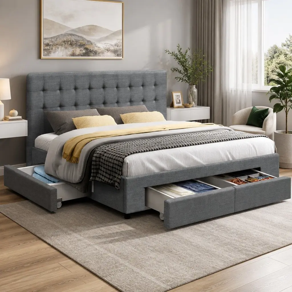 King Size Bed Frame Grey Upholstered with Tufted Headboard and 4 Storage Drawers