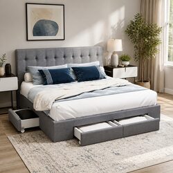 Queen Size Bed Frame with 4 Storage Drawers Tufted Headboard Grey Bedroom