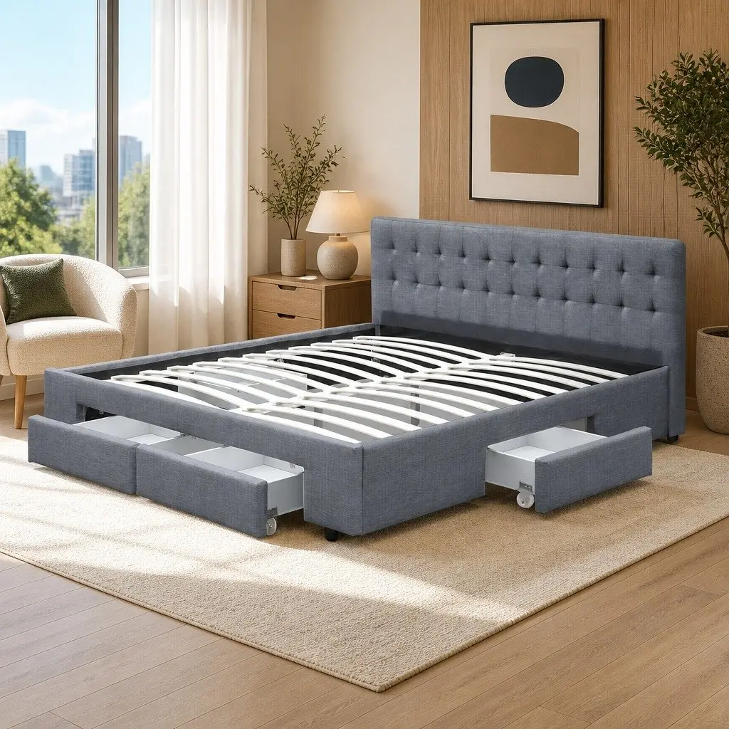 Queen Size Bed Frame Grey Tufted Headboard with 4 Storage Drawers