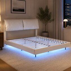 Double Bed Frame with RGB LED Lights Adjustable Headboard Floating Design White