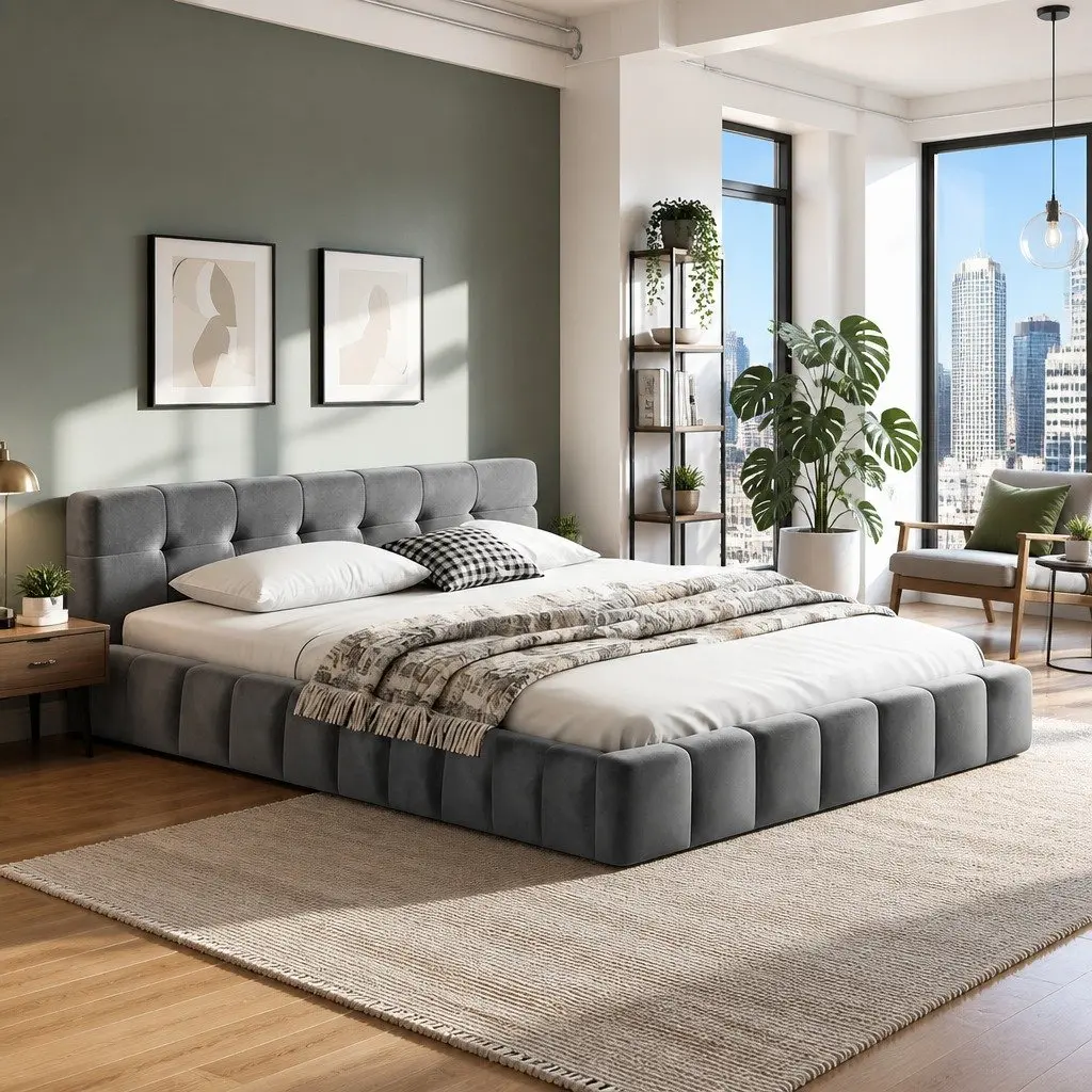 Double Bed Frame Grey Plush Velvet Headboard Modern Platform Base