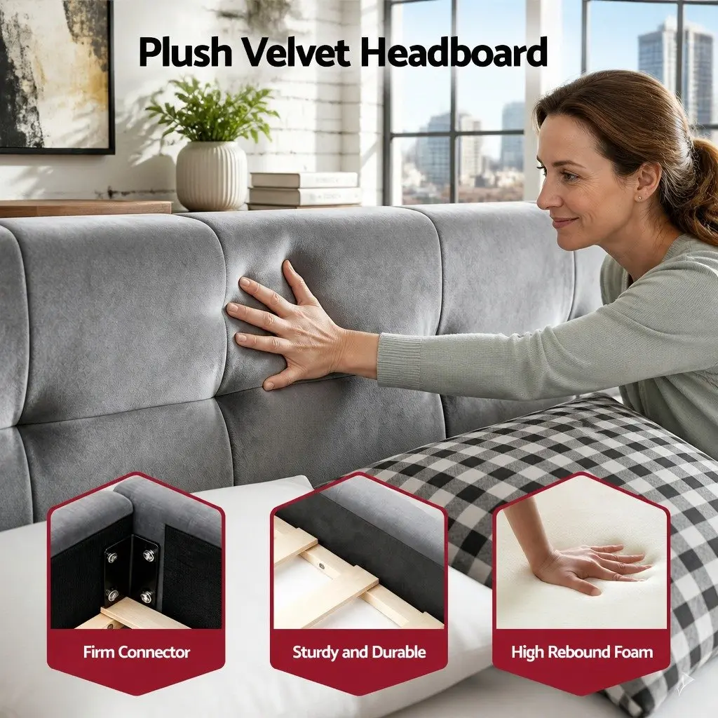 Double Bed Frame Grey Plush Velvet Headboard Modern Platform Base