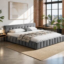 Compact and Modern King Size Bed Frame in Grey Velvet