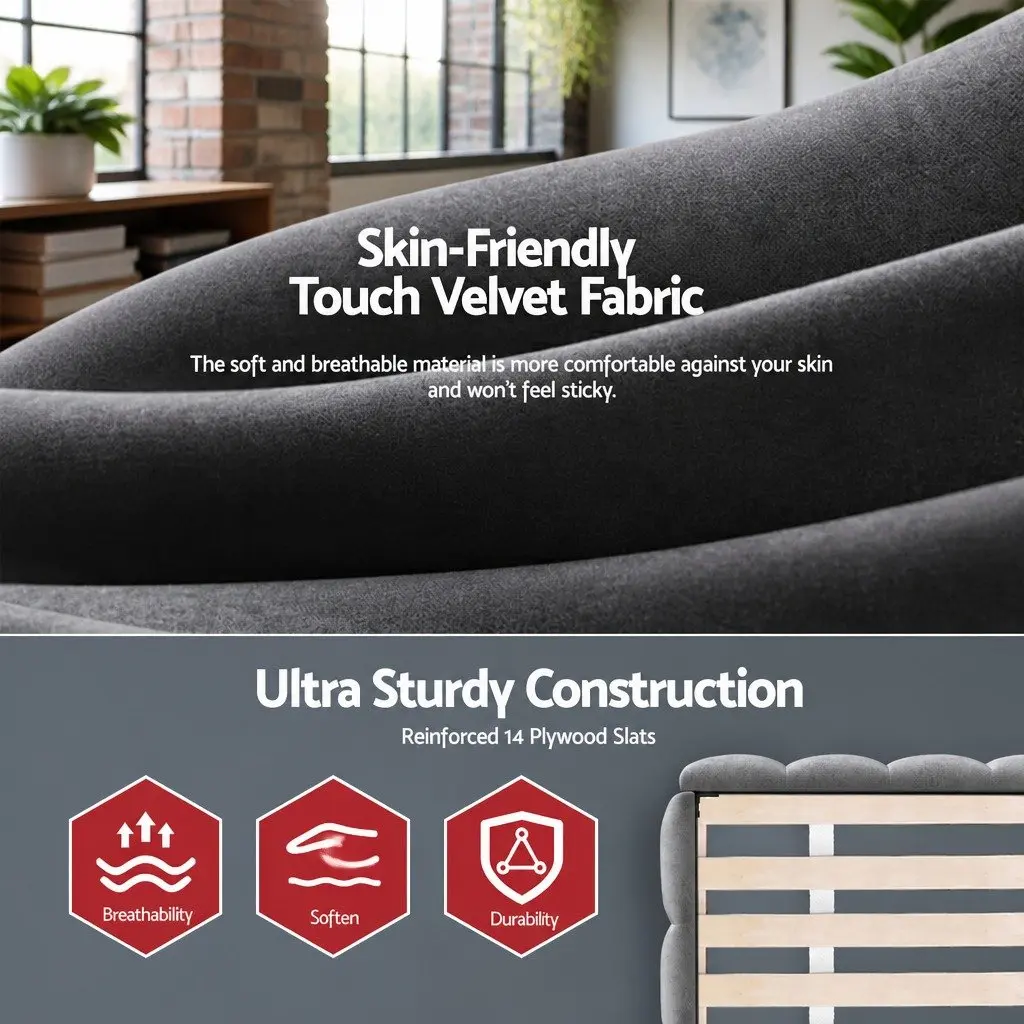 King Size Bed Frame Grey Plush Velvet Headboard Modern Platform Base Bedroom