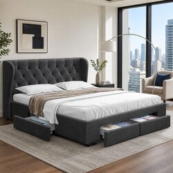 King Size Bed Frame with 4 Storage Drawers Charcoal Upholstered Padded