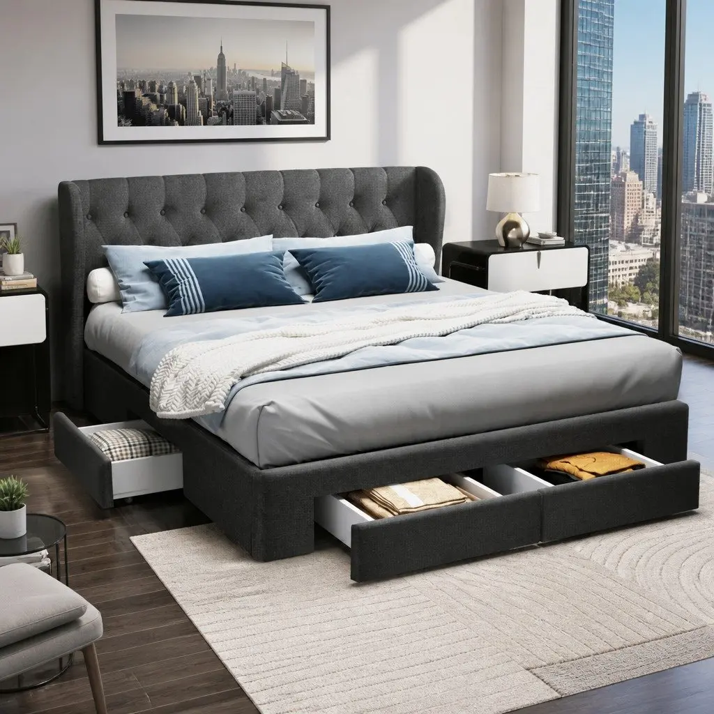 King Size Bed Frame with 4 Storage Drawers Charcoal Upholstered Padded