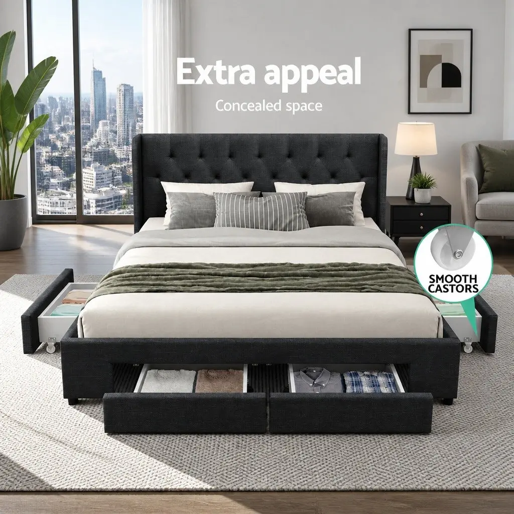 King Size Bed Frame with 4 Storage Drawers Charcoal Upholstered Padded