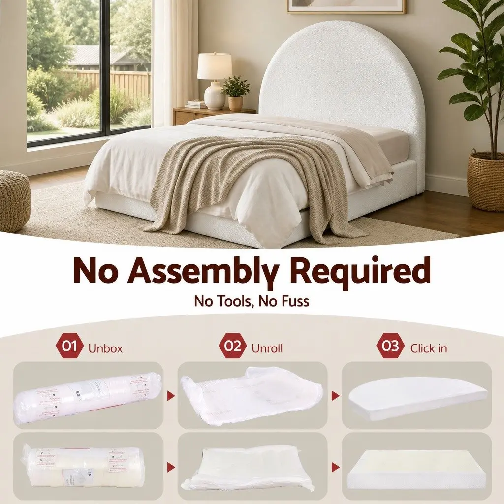 Double Bed Frame Boucle Fabric Vacuum Compressed No-Assembly Removable Washable
