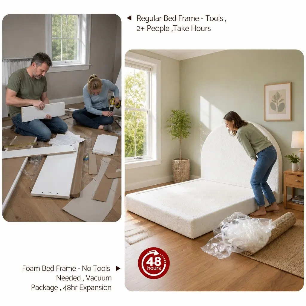 Double Bed Frame Boucle Fabric Vacuum Compressed No-Assembly Removable Washable