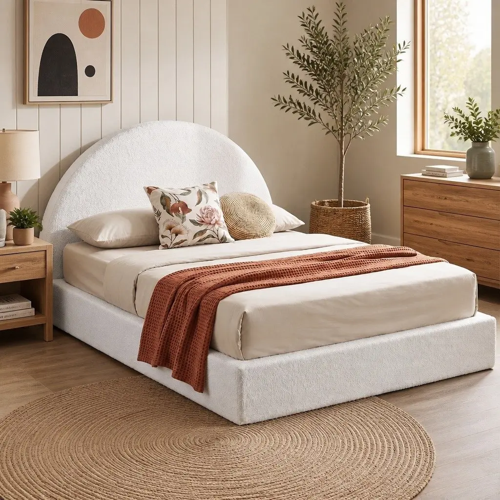 Queen Bed Frame Boucle Fabric Vacuum Compressed No Assembly Removable Washable