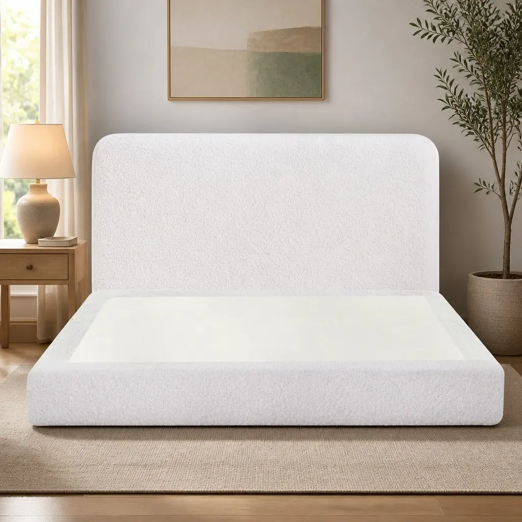 Double Bed Frame Boucle Fabric Vacuum Compressed No Assembly Removable Washable