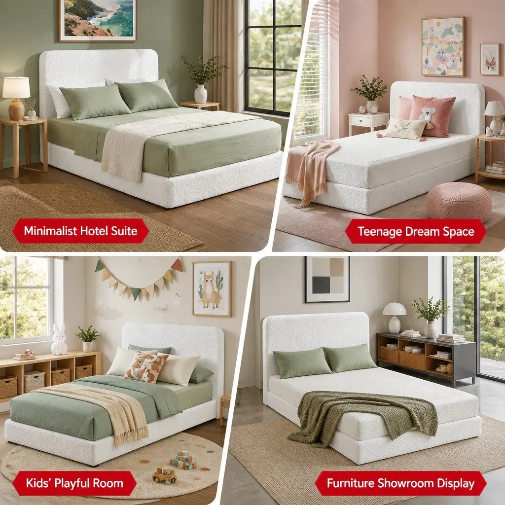 Double Bed Frame Boucle Fabric Vacuum Compressed No Assembly Removable Washable