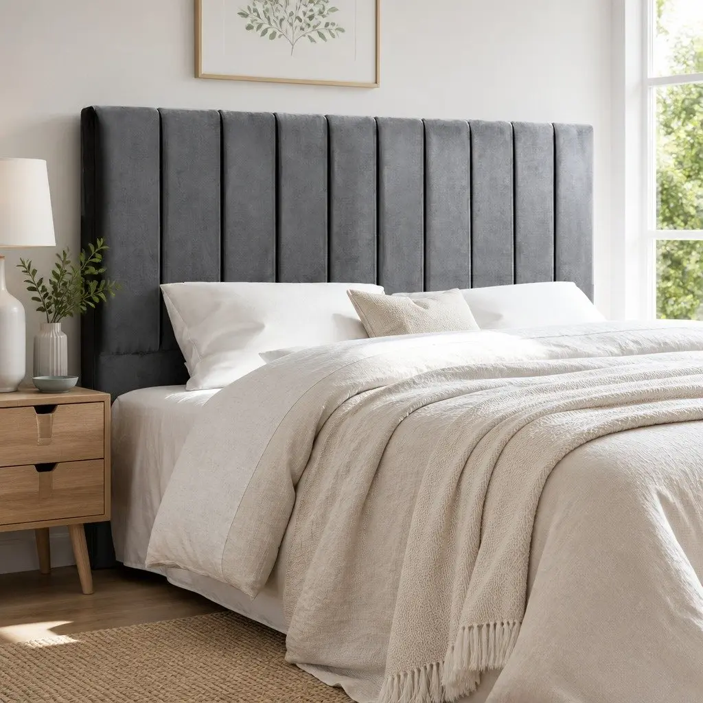 King Bed Headboard Grey Velvet Upholstered Panel Padded Art Deco Bedroom