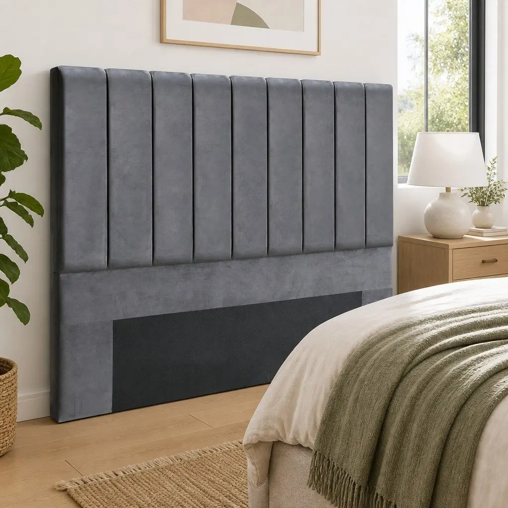 King Bed Headboard Grey Velvet Upholstered Panel Padded Art Deco Bedroom