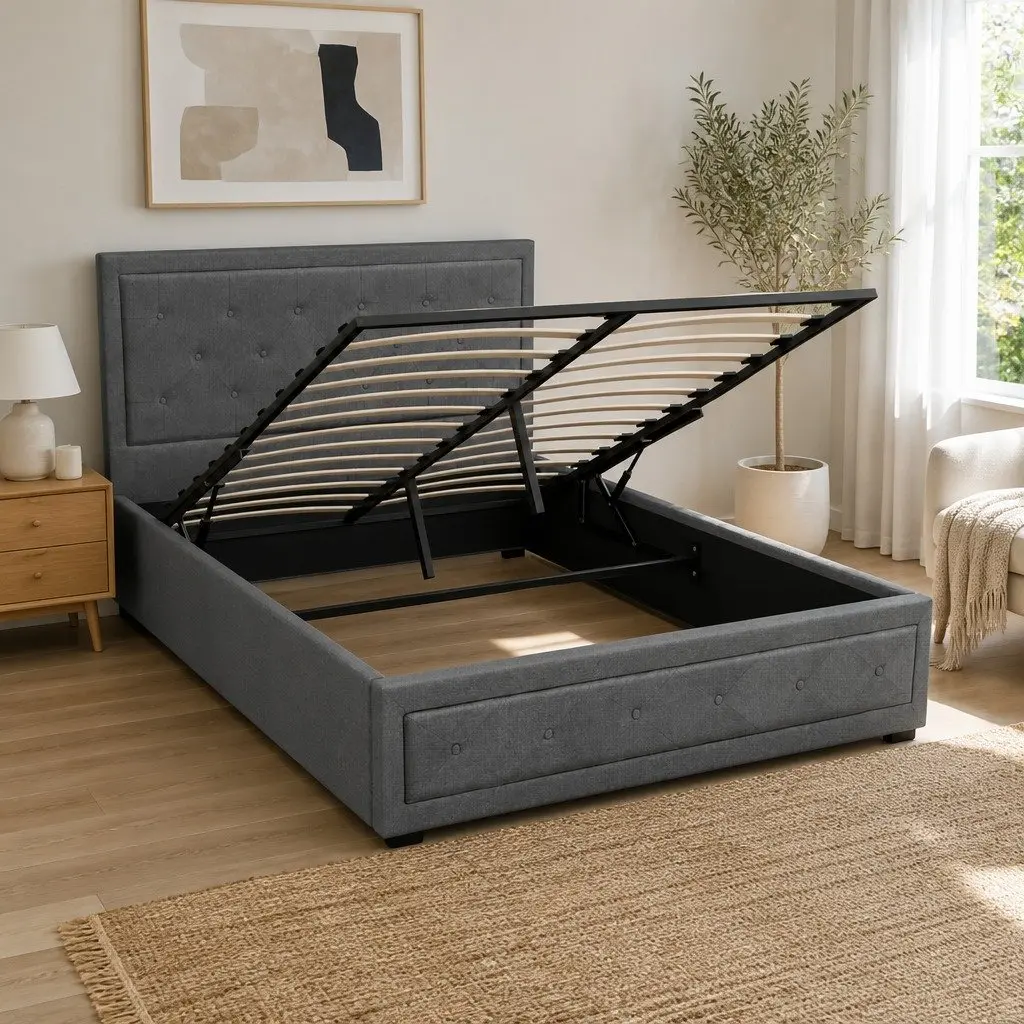 Double Gas Lift Bed Frame Grey Upholstered Tufted Headboard 202cm L x 144cm W with Storage