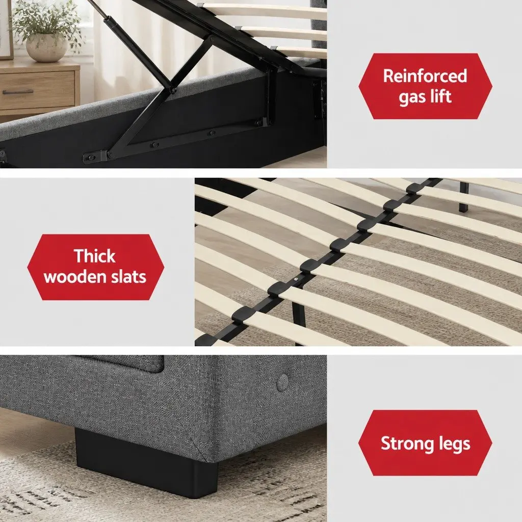 Double Gas Lift Bed Frame Grey Upholstered Tufted Headboard 202cm L x 144cm W with Storage