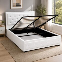 Double Size Gas Lift Bed Frame White Upholstered Storage Ottoman Base Padded