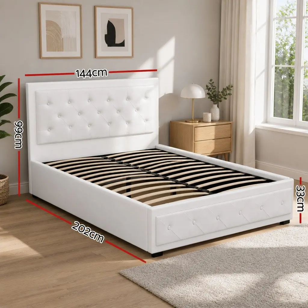 Double Gas Lift Bed Frame White Upholstered Storage Ottoman Base Padded 202cm L x 144cm W x 99cm H