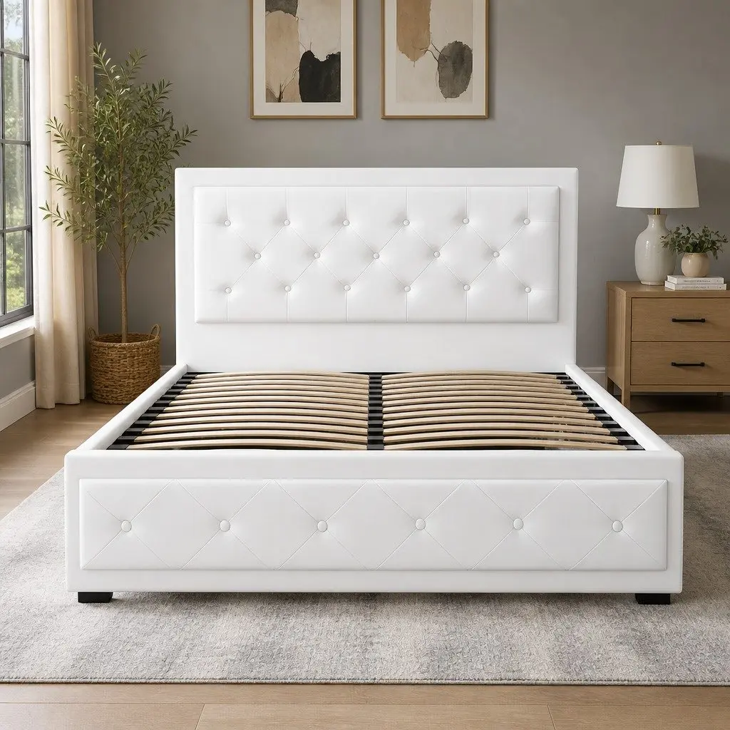 Double Gas Lift Bed Frame White Upholstered Storage Ottoman Base Padded 202cm L x 144cm W x 99cm H