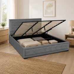 King Size Gas Lift Bed Frame with Storage Upholstered Headboard Grey