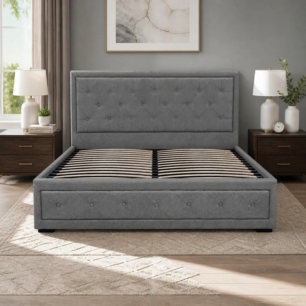Queen Size Bed Frame Grey Upholstered Gas Lift with Storage Headboard