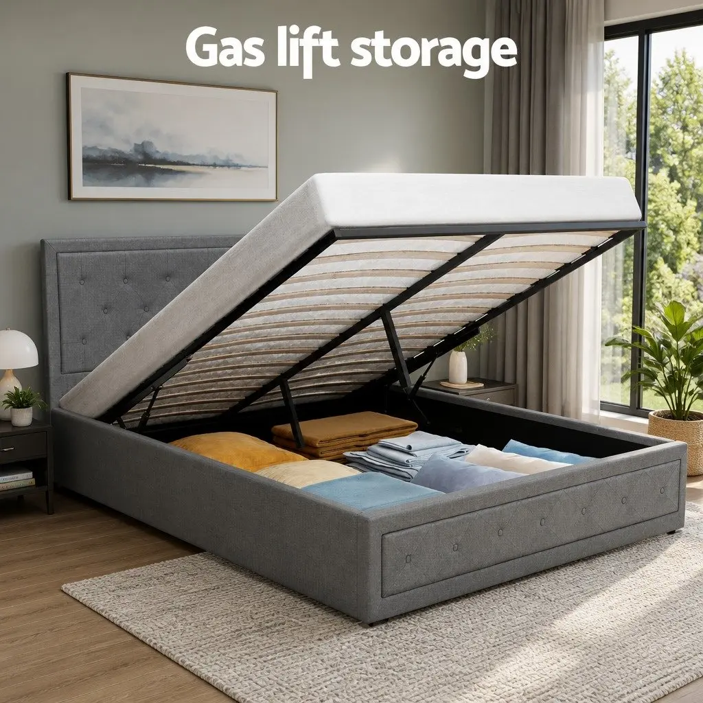 Queen Size Bed Frame Grey Upholstered Gas Lift with Storage Headboard