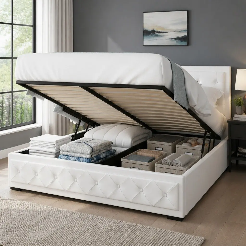 Queen Size Gas Lift Bed Frame White Storage Upholstered Headboard Platform