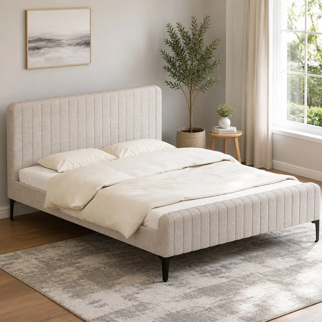 Queen Size Bed Frame Beige Upholstered Fabric Bedroom Furniture
