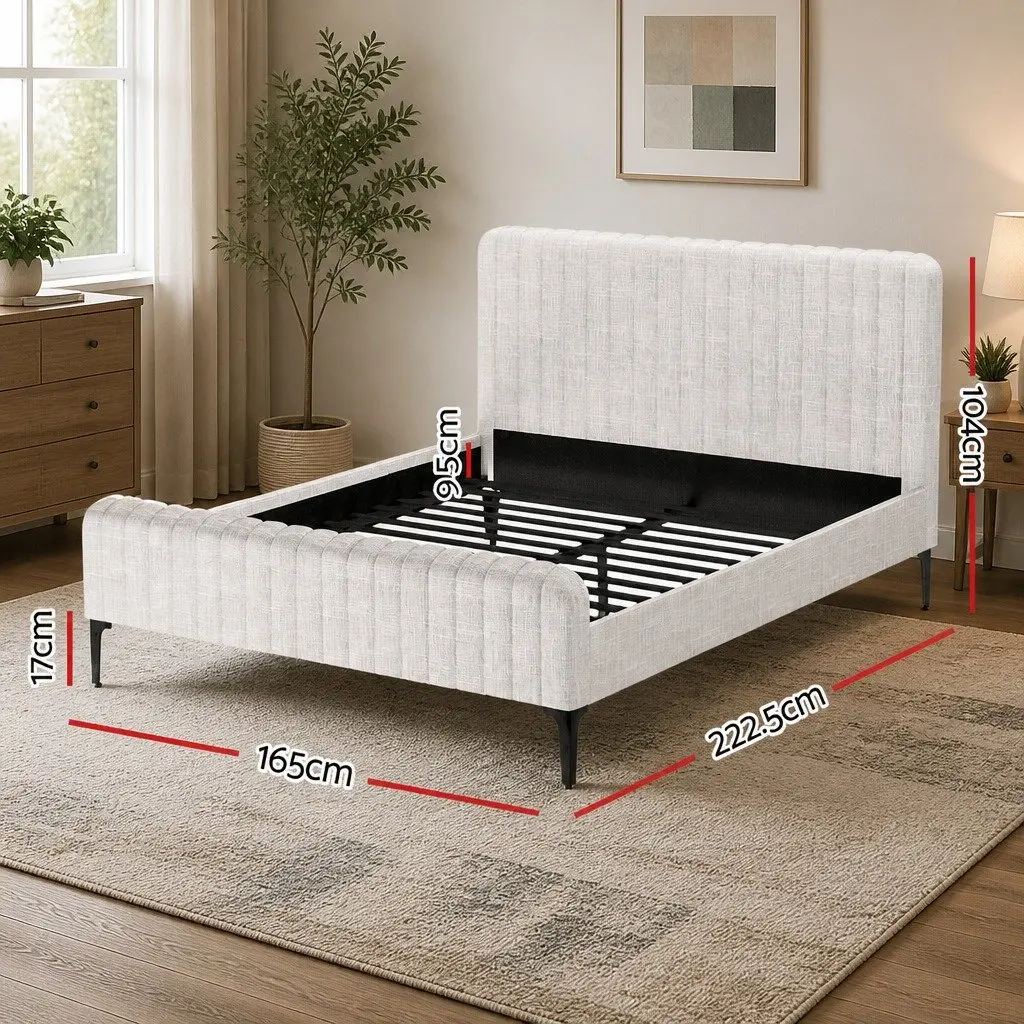 Queen Size Bed Frame Beige Upholstered Fabric Bedroom Furniture