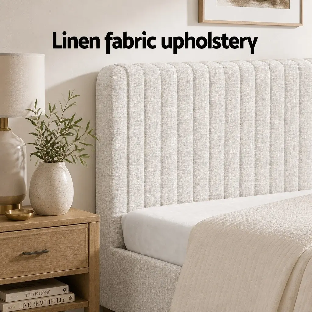 Queen Size Bed Frame Beige Upholstered Fabric Bedroom Furniture