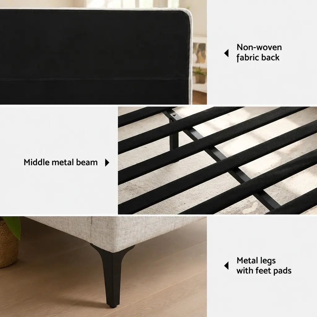Queen Size Bed Frame Beige Upholstered Fabric Bedroom Furniture