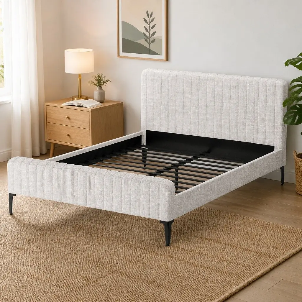 Queen Size Bed Frame Beige Upholstered Fabric Bedroom Furniture