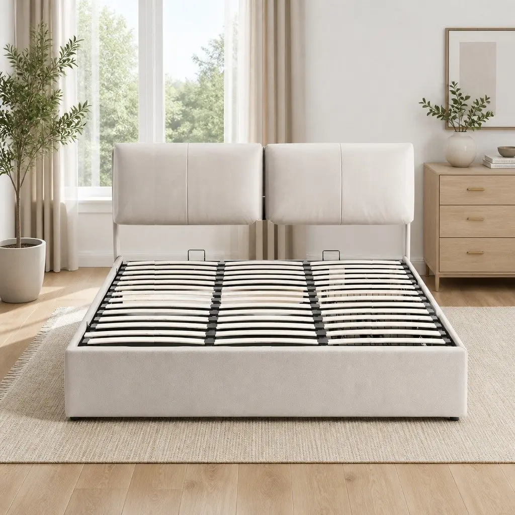 King Bed Frame Beige Gas Lift Storage Adjustable Headboard 3 Drawers