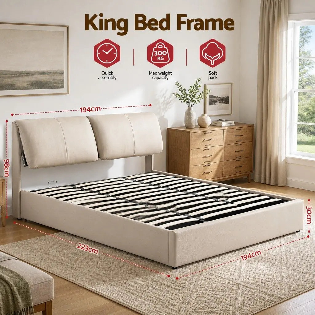 King Bed Frame Beige Gas Lift Storage Adjustable Headboard 3 Drawers