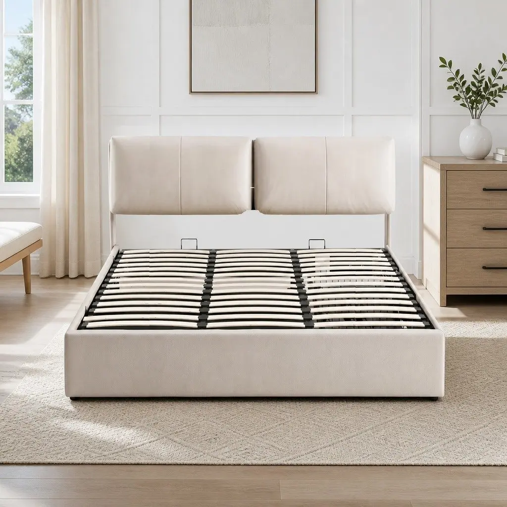 King Bed Frame Beige Gas Lift Storage Adjustable Headboard 3 Drawers