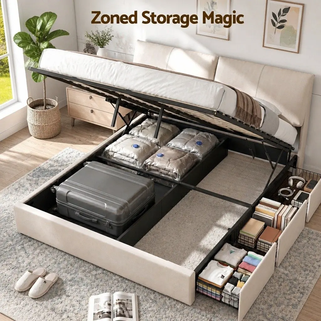 King Bed Frame Beige Gas Lift Storage Adjustable Headboard 3 Drawers