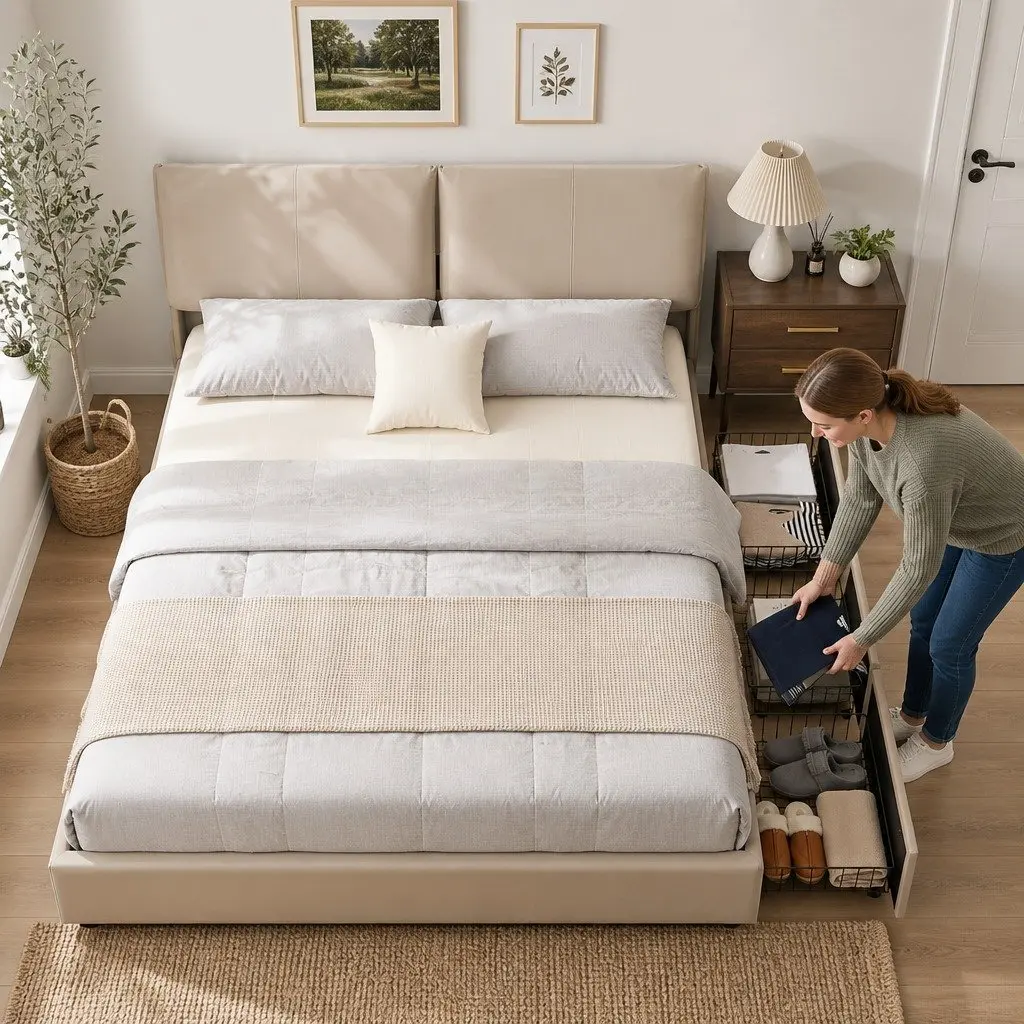 King Bed Frame Beige Gas Lift Storage Adjustable Headboard 3 Drawers