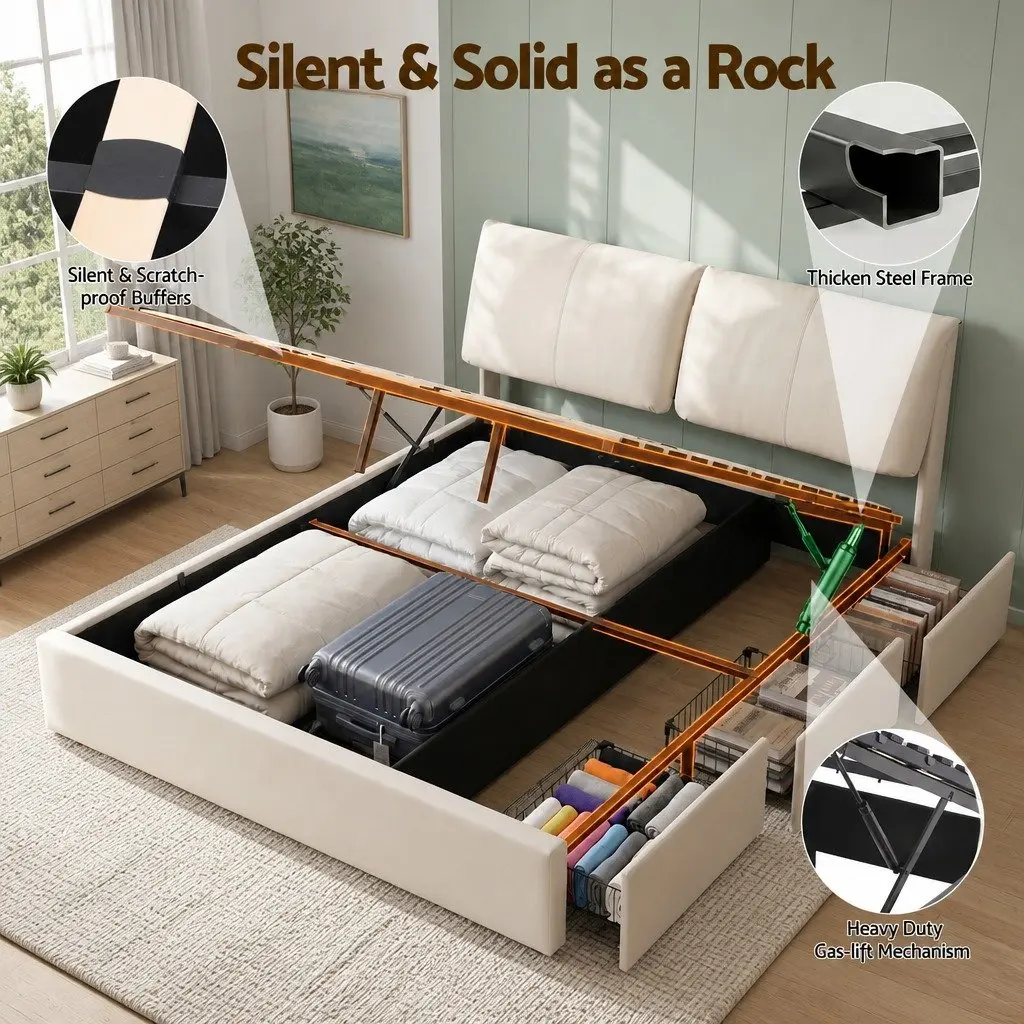 King Bed Frame Beige Gas Lift Storage Adjustable Headboard 3 Drawers