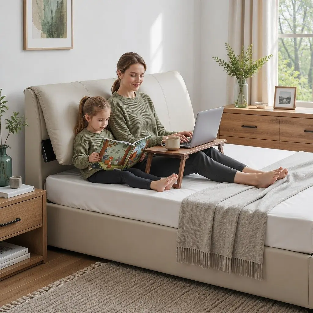 King Bed Frame Beige Gas Lift Storage Adjustable Headboard 3 Drawers