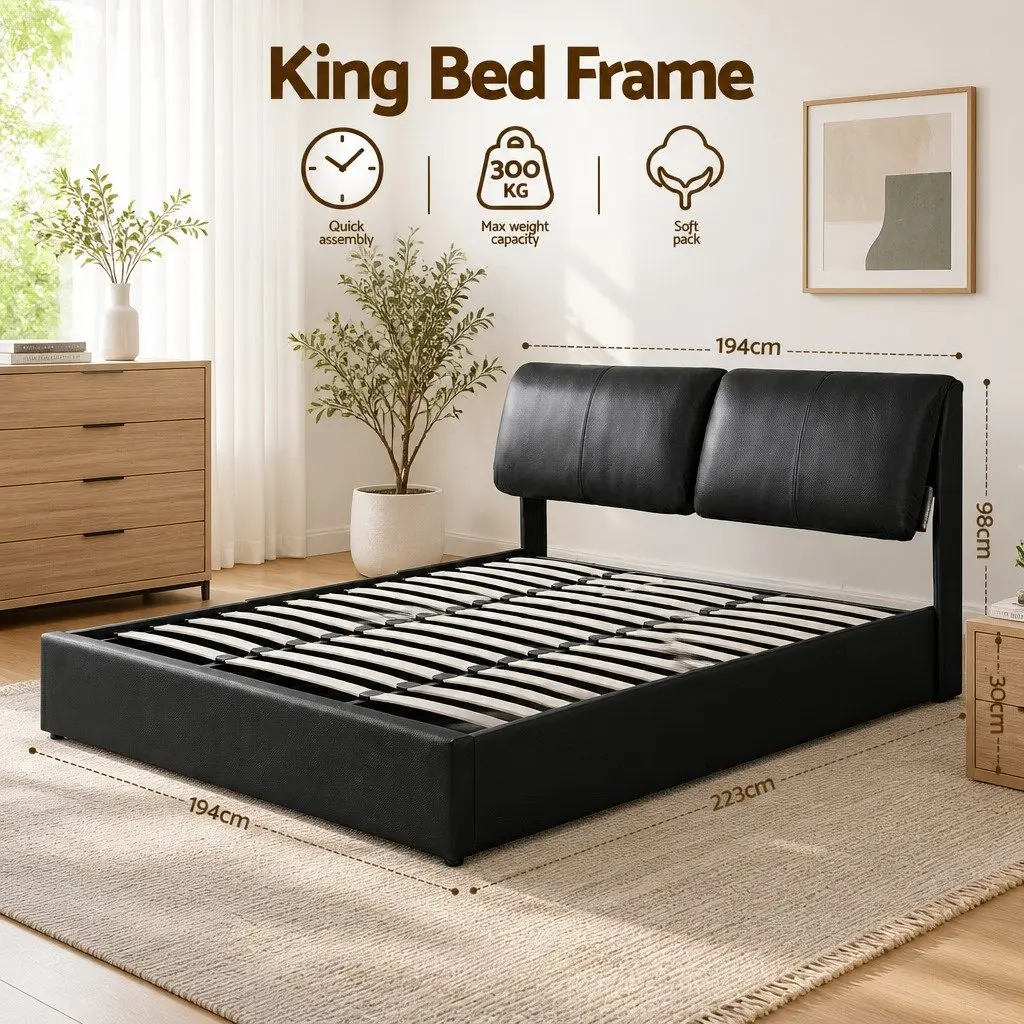 King Bed Frame Black Gas Lift Storage 3 Drawers Adjustable Headboard